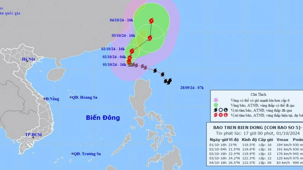 Dự báo bão số 5: Duy trì sức gió cấp 16, sẽ giảm cường độ trên vùng biển phía Đông Đài Loan (Trung Quốc)