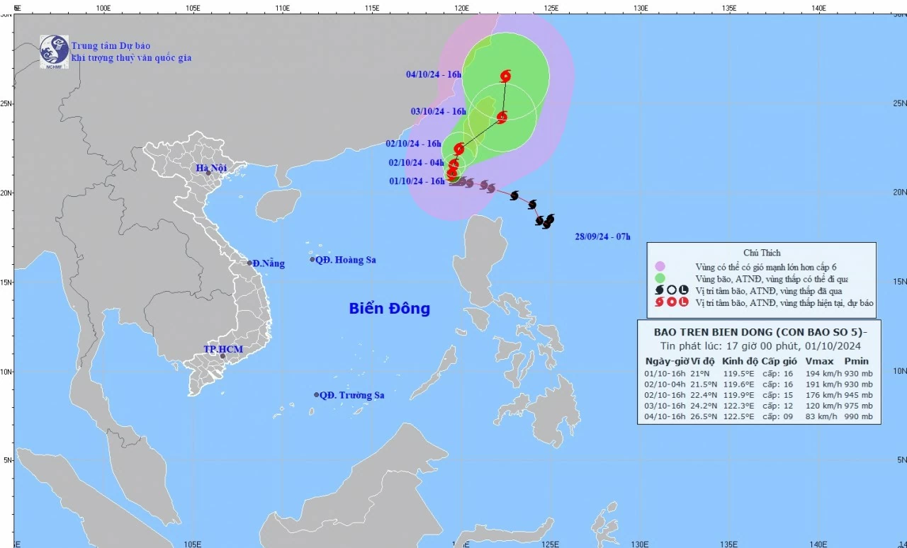 Dự báo bão số 5: Duy trì sức gió cấp 16, sẽ giảm cường độ trên vùng biển phía Đông Đài Loan (Trung Quốc)