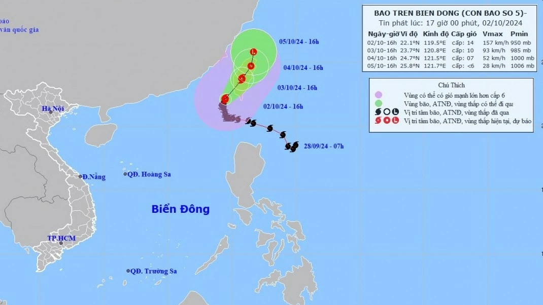 Dự báo thời tiết ngày mai (3/10): Bắc Bộ đêm và sáng sớm trời lạnh, vùng núi có nơi rét; Trung Bộ cục bộ mưa rất to; bão số 5 trên Bắc Biển Đông