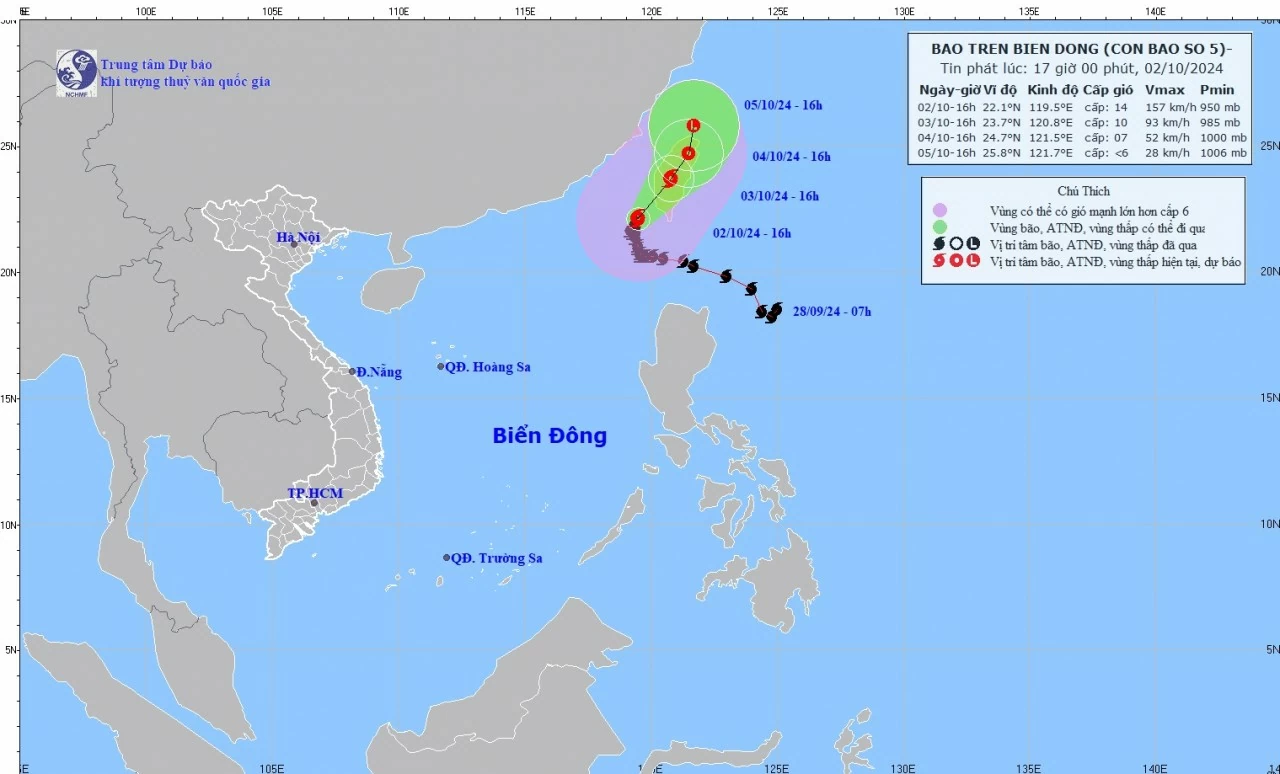 Dự báo thời tiết ngày mai (3/10): Bắc Bộ đêm và sáng sớm trời lạnh, vùng núi có nơi rét; Trung Bộ cục bộ mưa rất to; bão số 5 gió giật cấp 17