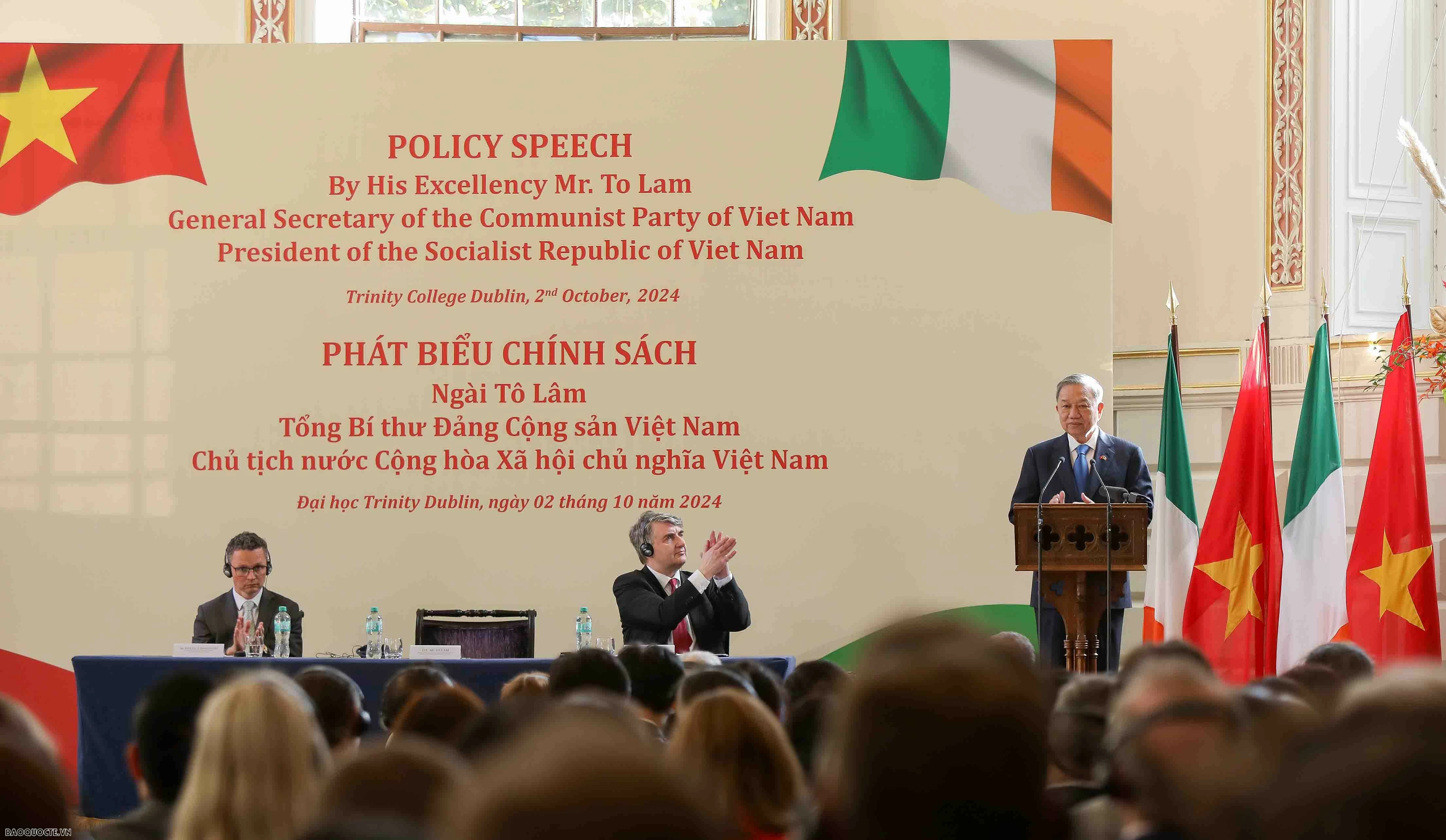 General Secretary, President To Lam visits Trinity College Dublin, delivering speech