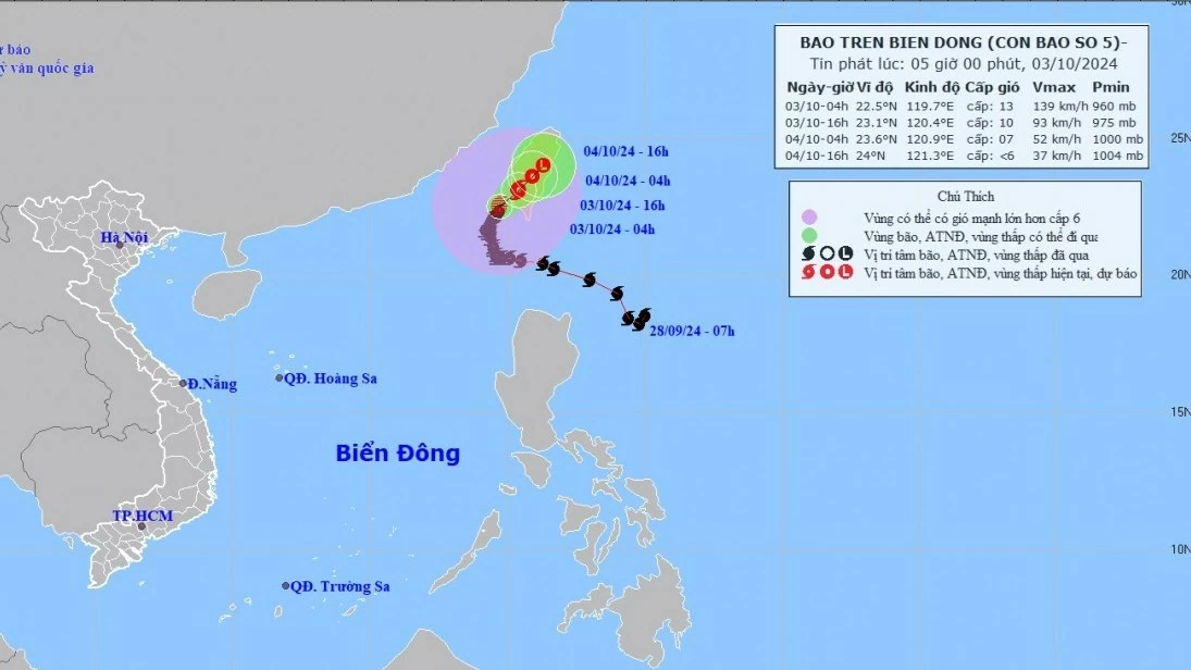 Dự báo bão số 5: Giảm cường độ, di chuyển chậm, chủ yếu theo hướng Đông Bắc