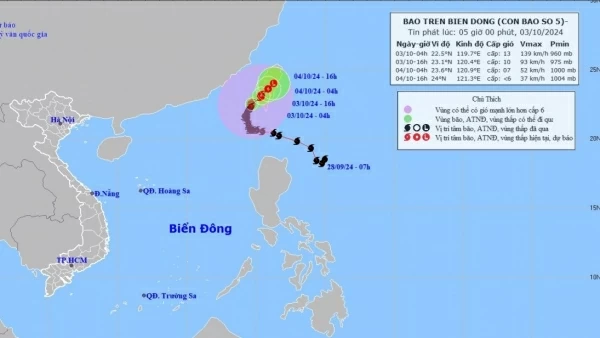 Dự báo bão số 5: Giảm cường độ, di chuyển chậm, chủ yếu theo hướng Đông Bắc