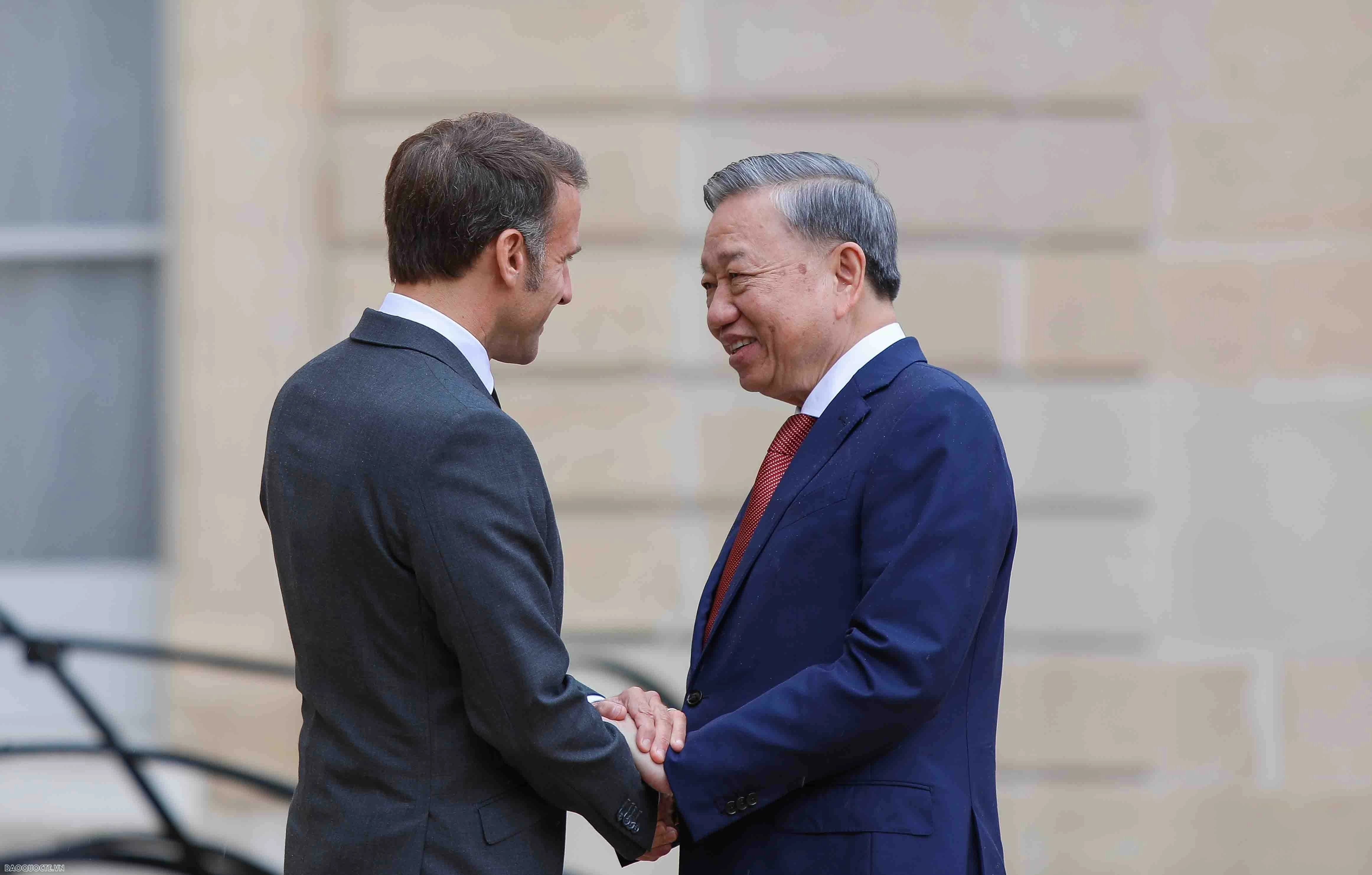 Tổng thống Pháp Emmanuel Macron đón và hội đàm với Tổng Bí thư, Chủ tịch nước Tô Lâm