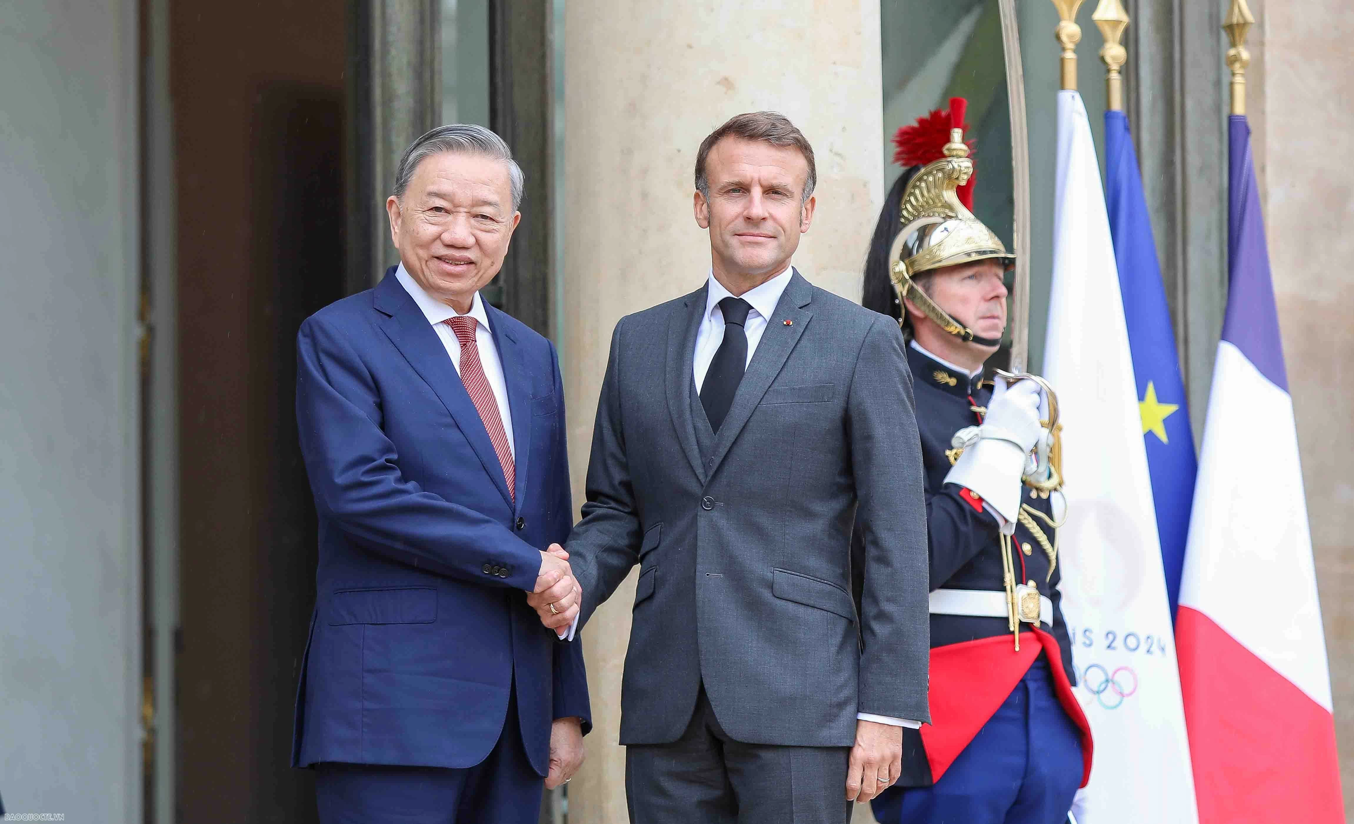 Tổng thống Pháp Emmanuel Macron đón và hội đàm với Tổng Bí thư, Chủ tịch nước Tô Lâm