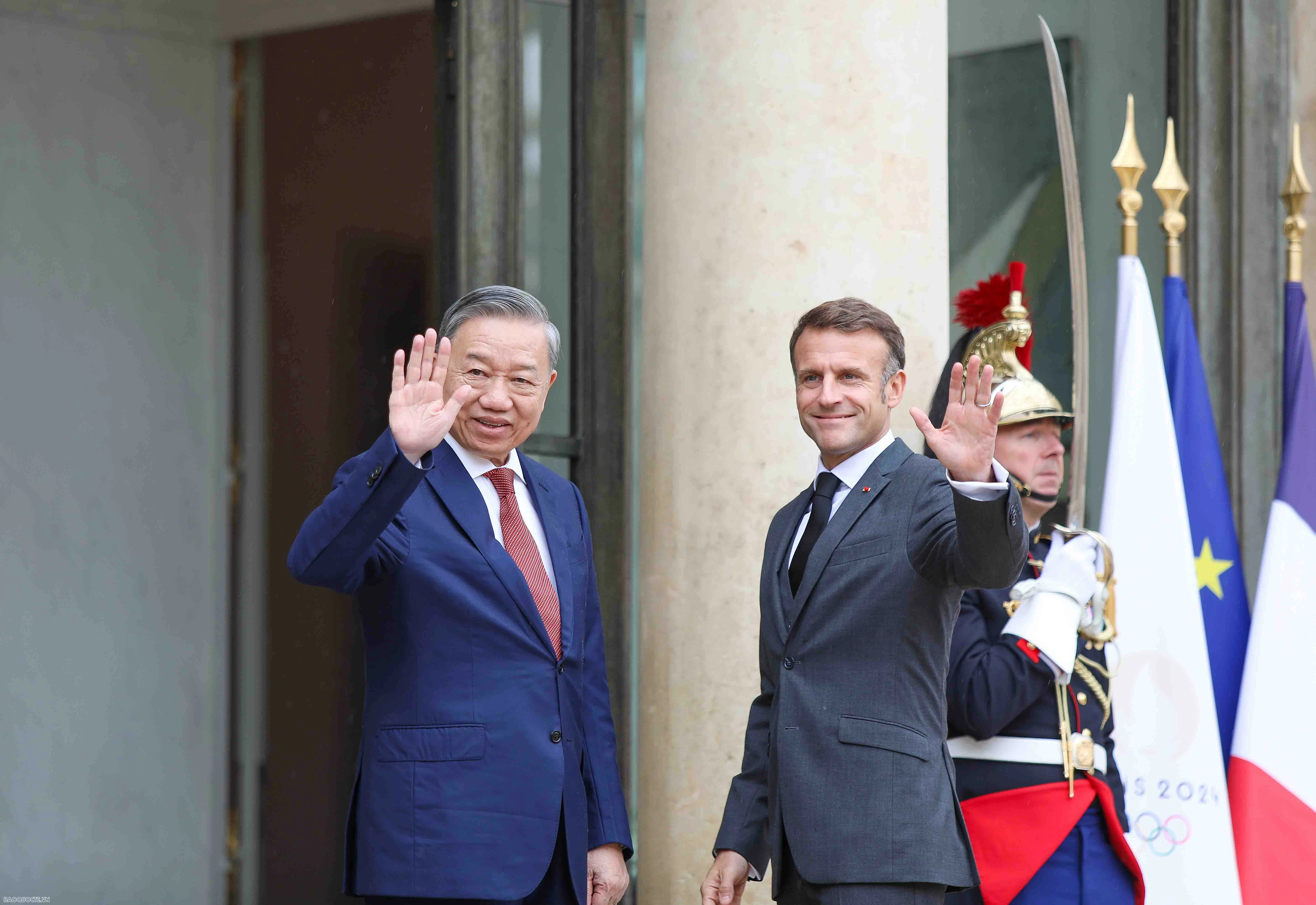 Tổng thống Pháp Emmanuel Macron đón và hội đàm với Tổng Bí thư, Chủ tịch nước Tô Lâm