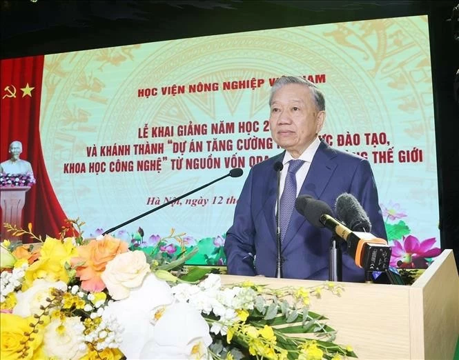 Tổng Bí thư, Chủ tịch nước Tô Lâm phát biểu tại Lễ khai giảng năm học 2024 - 2025 của Học viện Nông nghiệp Việt Nam. Ảnh: Trí Dũng – TTXVN