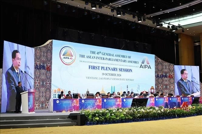 National Assembly Chairman Tran Thanh Man speaks at the first plenary session of the 45th General Assembly of the ASEAN Inter-Parliamentary Assembly (AIPA-45) in Vientiane on October 19. (Photo: VNA)