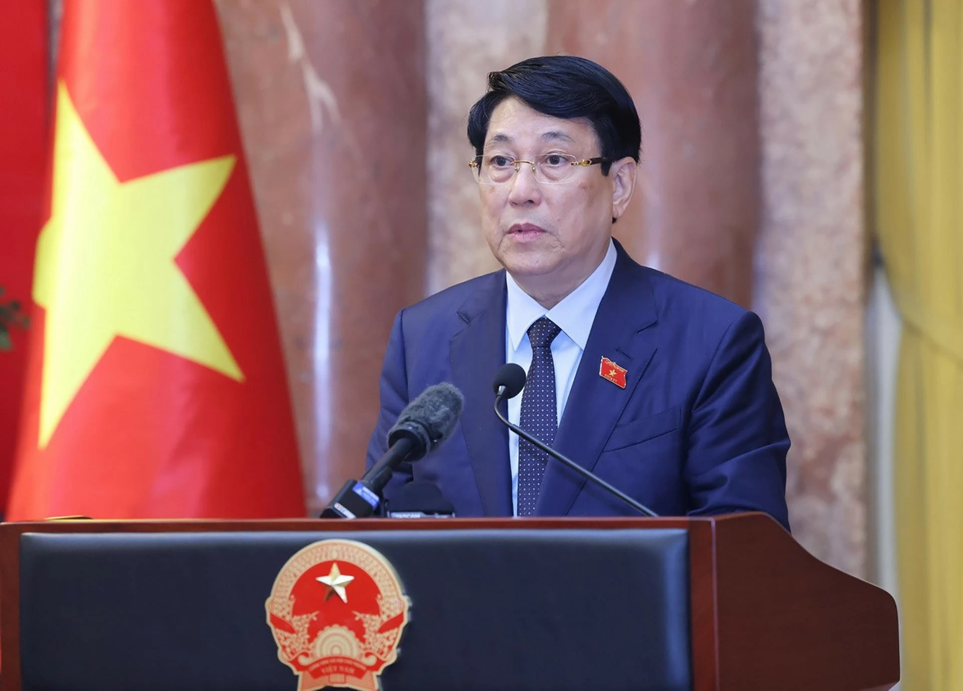 Chủ tịch nước Lương Cường phát biểu. (Nguồn: TTXVN) Chủ tịch nước Lương Cường phát biểu. (Nguồn: TTXVN)