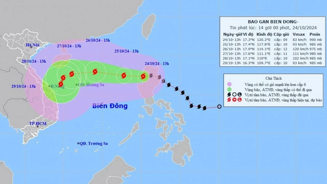 Dự báo ảnh hưởng của bão Trà Mi: Vùng biển phía Đông khu vực Bắc Biển Đông, tâm bão gió cấp 9-10, sóng cao 5-7m