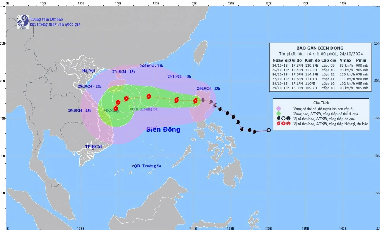 Dự báo ảnh hưởng bão Trà Mi: Vùng biển phía Đông khu vực Bắc Biển Đông, tâm bão gió cấp 9-10, sóng cao 5-7m