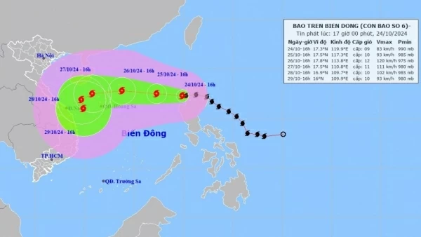 Bão Trà Mi đi vào Biển Đông, trở thành cơn bão số 6, di chuyển theo hướng Tây, gió vùng gần tâm bão giật cấp 11