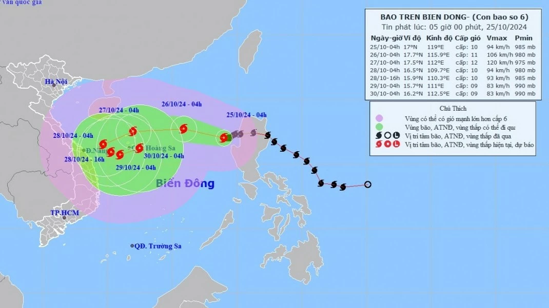 Dự báo diễn biến bão số 6: Trên khu vực Bắc Biển Đông, gió mạnh cấp 9-10, giật cấp 13-14