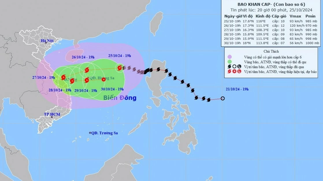 Dự báo: Ảnh hưởng do bão số 6, sáng 27/10, vùng đất liền ven biển Quảng Bình - Quảng Ngãi gió mạnh dần