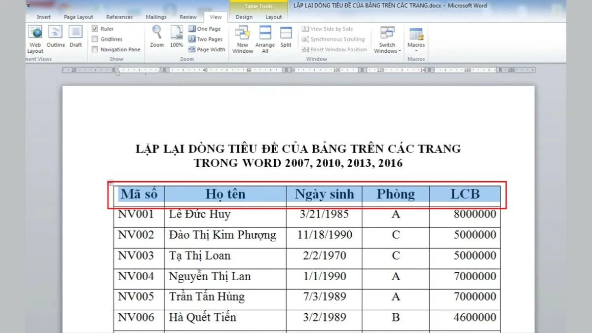 Cách lặp lại tiêu đề trong Word cho bảng biểu, in ấn siêu đơn giản