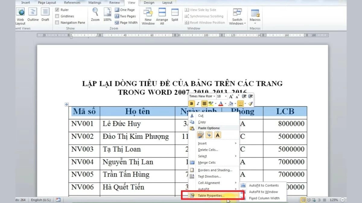 Cách lặp lại tiêu đề trong Word cho bảng biểu, in ấn siêu đơn giản