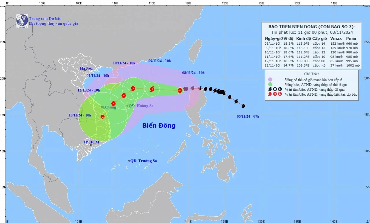 Dự báo: Bão số 7 có thể rất nguy hiểm với tàu thuyền trên khu vực Bắc và giữa Biển Đông, vùng biển ven bờ Trung-Nam Trung Bộ trong các ngày 8-12/11