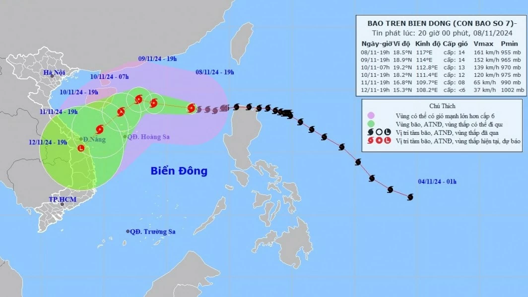 Dự báo bão số 7: Trên vùng biển phía Đông khu vực Bắc Biển Đông, gió giật cấp 17, sau có thể đổi hướng di chuyển và giảm dần cường độ