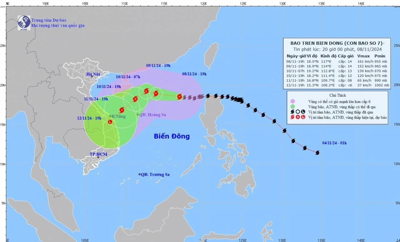 Dự báo bão số 7: Trên vùng biển phía Đông khu vực Bắc Biển Đông, gió giật cấp 17, sau có thể đổi hướng di chuyển và giảm dần cường độ