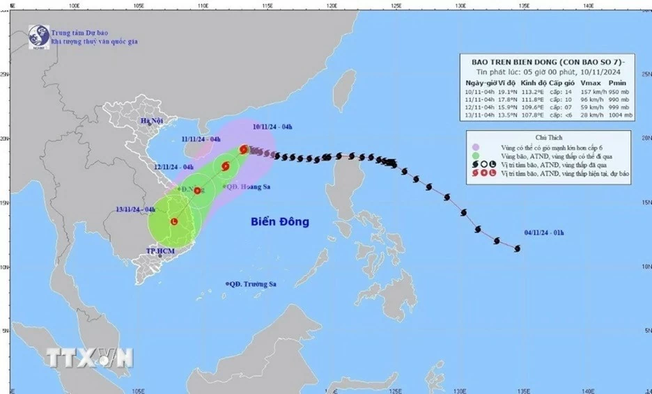 Hướng di chuyển của bão số 7 cập nhật lúc 4 giờ ngày 10/11. (Ảnh: TTXVN phát)