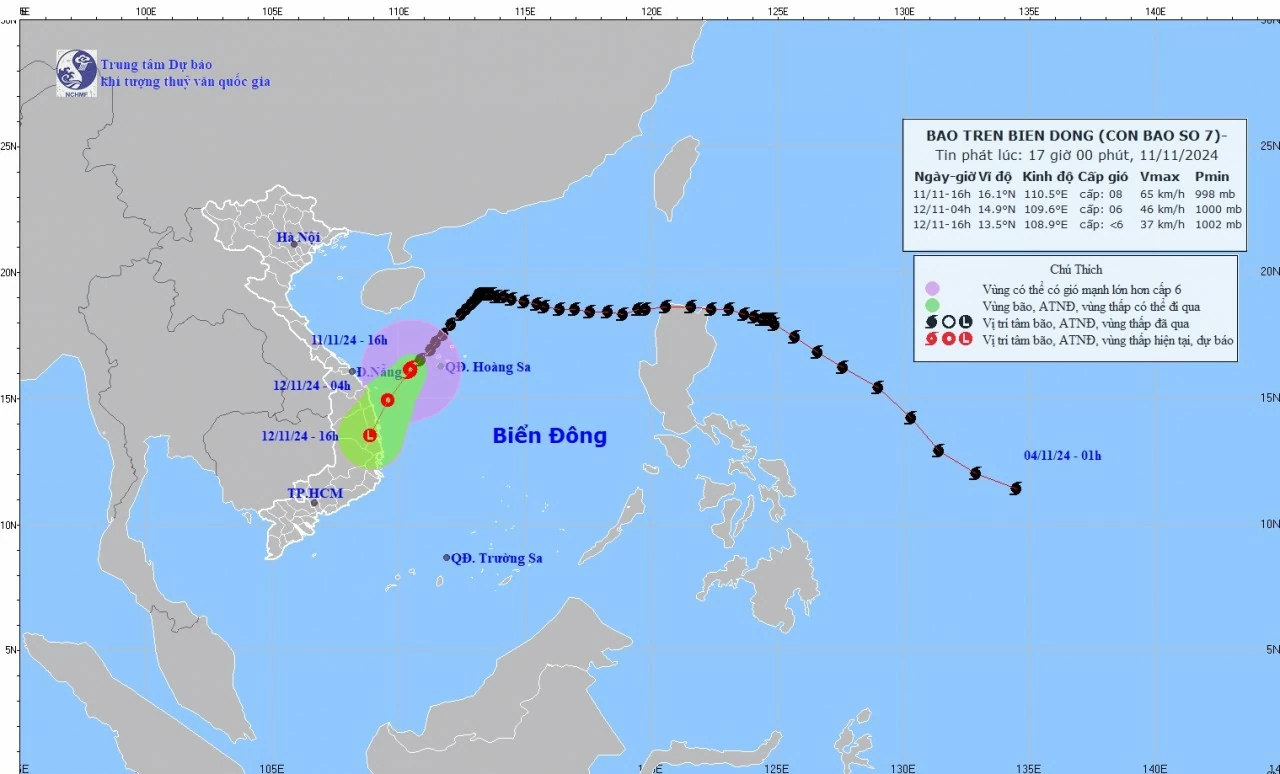 Dự báo bão số 7: Sắp  suy yếu thành áp thấp nhiệt đới, trên vùng biển Quảng Nam-Bình Định, gió cấp 6, giật cấp 8