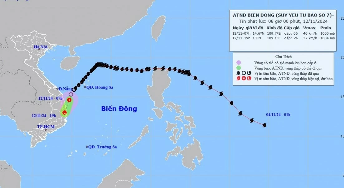 Dự báo ảnh hưởng áp thấp nhiệt đới (bão số 7 suy yếu): Ngày 12/11, vùng biển Thừa Thiên Huế đến Phú Yên gió mạnh cấp 6, sóng cao 2-3m