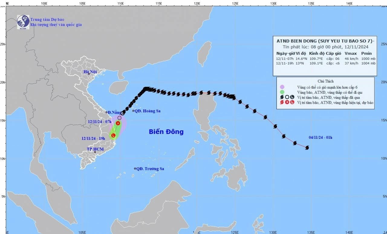 Dự báo ảnh hưởng áp thấp nhiệt đới (suy yếu từ bão số 7): Ngày 12/11, vùng biển Thừa Thiên Huế đến Phú Yên gió mạnh cấp 6, sóng biển cao 2-3m, biển độ