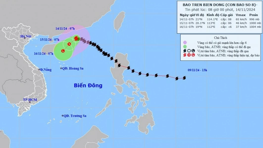 Dự báo bão số 8: Di chuyển theo hướng Tây Nam, sẽ suy giảm thành vùng áp thấp trên vùng biển phía Bắc quần đảo Hoàng Sa