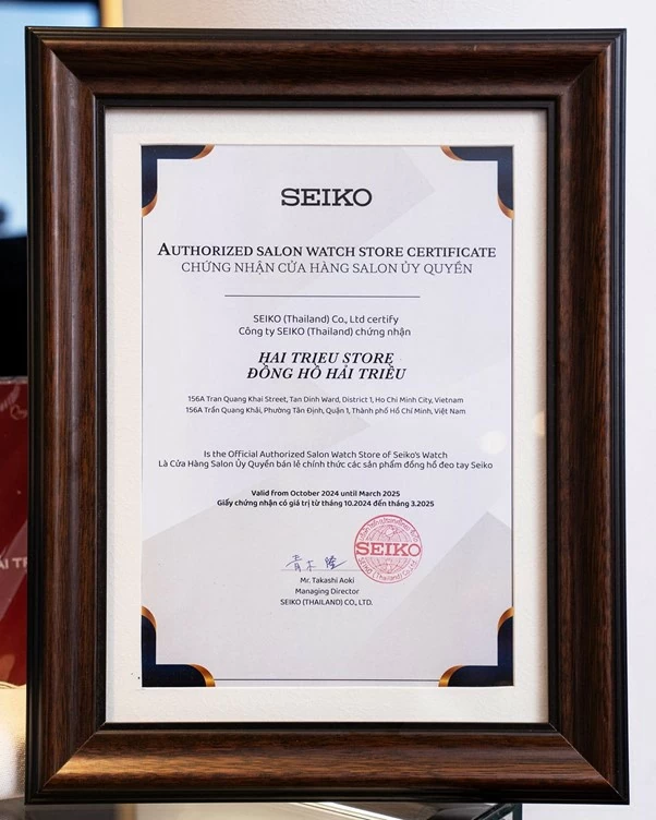 Chứng nhận Official Authorized Salon Watch Store of Seiko's Watch.