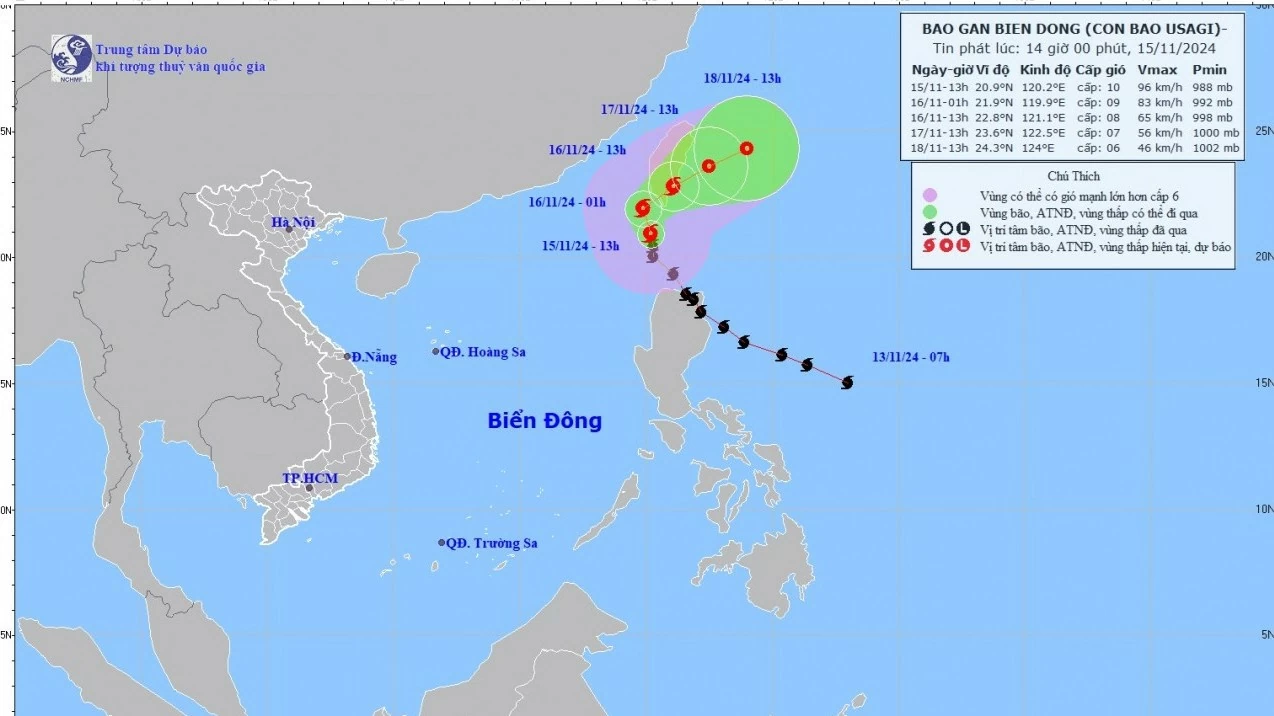 Tin bão gần Biển Đông: Bão Usagi trên vùng biển phía Nam Đài Loan (Trung Quốc), gió mạnh cấp 10, giật cấp 12