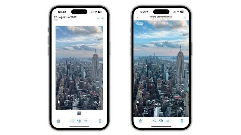 Giao diện xem video trong ứng dụng Photos giữa iOS 18.1 và 18.2.