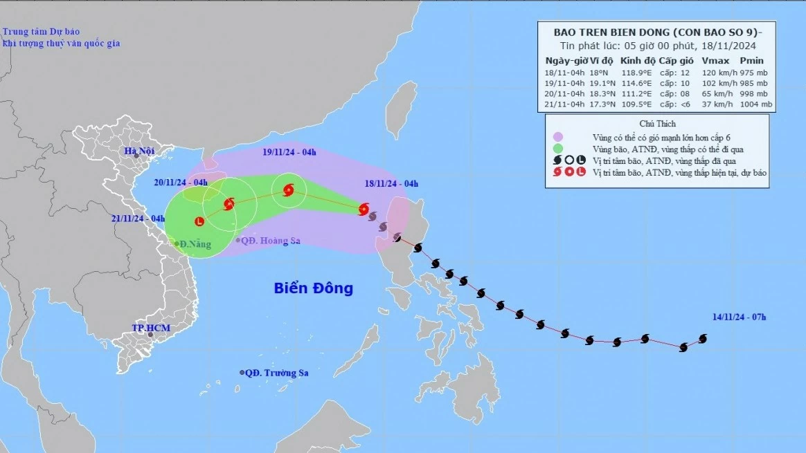 Dự báo bão số 9: Tiến dần về phía quần đảo Hoàng Sa, sẽ suy yếu dần thành áp thấp nhiệt đới trên vùng biển Trung Trung Bộ