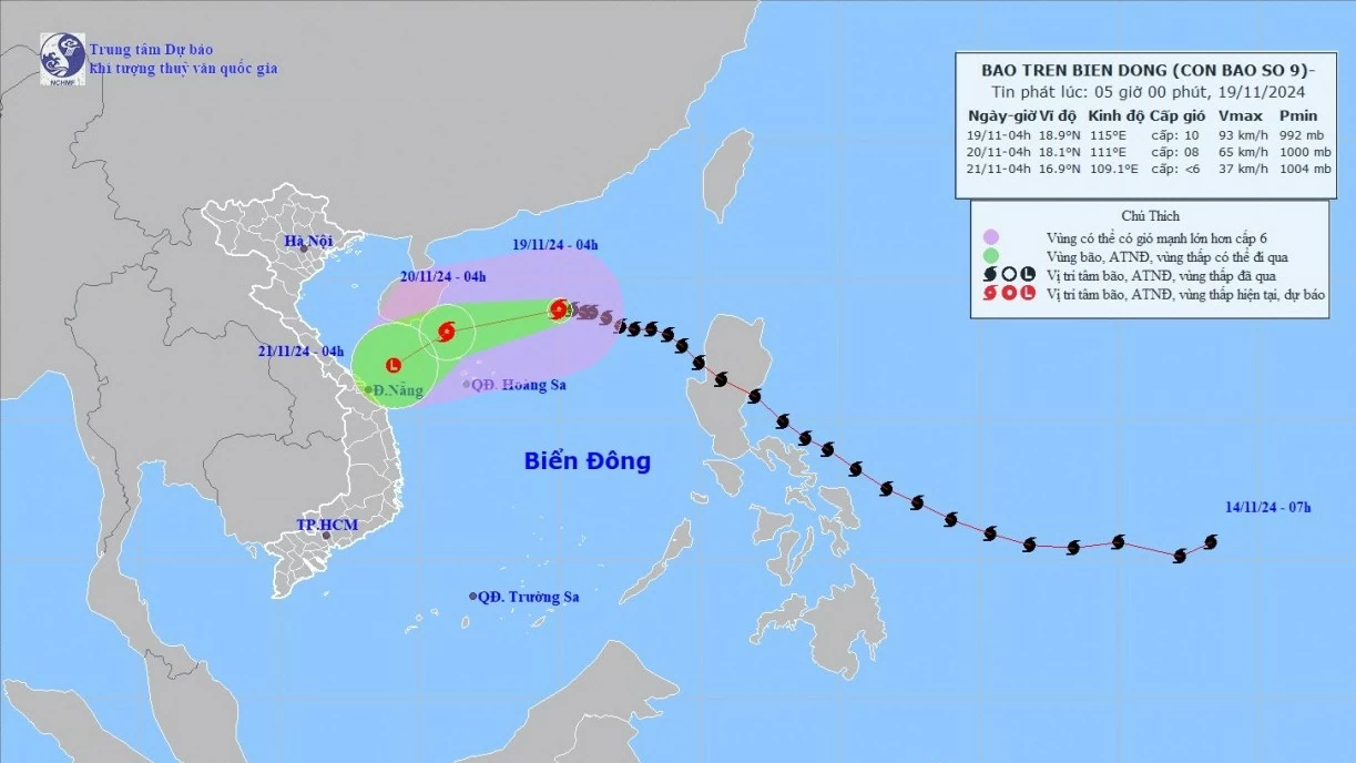 Dự báo bão số 9: Trên khu vực Bắc Biển Đông, gió vùng tâm bão giật cấp 12, sóng cao 5-7m