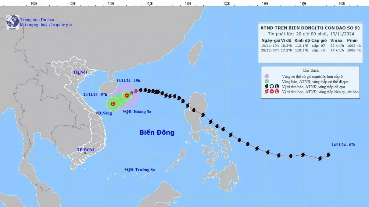 Tin áp thấp nhiệt đới trên vùng biển phía Tây khu vực Bắc Biển Đông, tàu thuyền trong vùng nguy hiểm chịu tác động của gió mạnh, sóng lớn