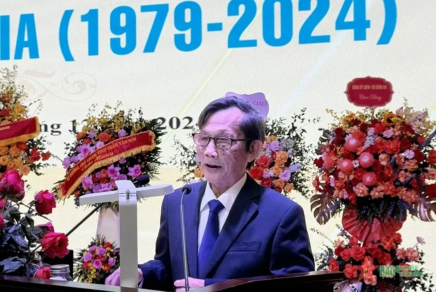 Trưởng ban liên lạc Đào Ngọc Hùng phát biểu tại gặp mặt cựu chuyên gia kinh tế-văn hóa giúp cách mạng Campuchia giai đoạn 1979-1989. 