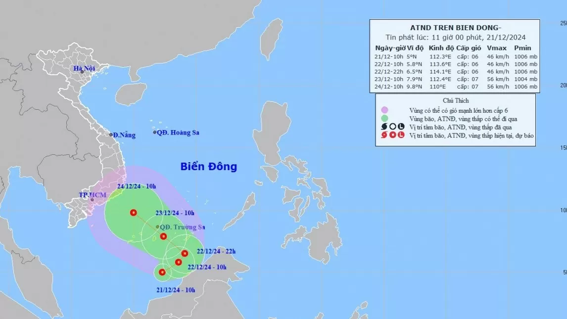 Dự báo áp thấp nhiệt đới: Trên vùng biển phía Nam khu vực Nam Biển Đông, gió giật cấp 8, sóng cao 3-5m