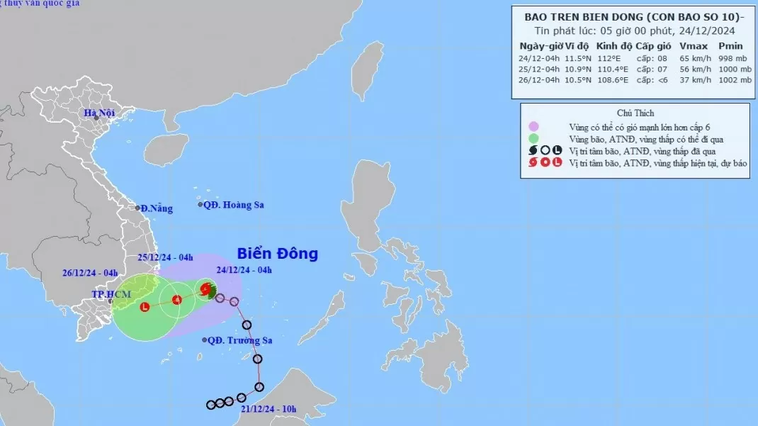 Dự báo diễn biến bão số 10: Sẽ suy yếu dần thành áp thấp nhiệt đới trên vùng biển Khánh Hòa-Bình Thuận, gió cấp 6, sóng cao 3-6m