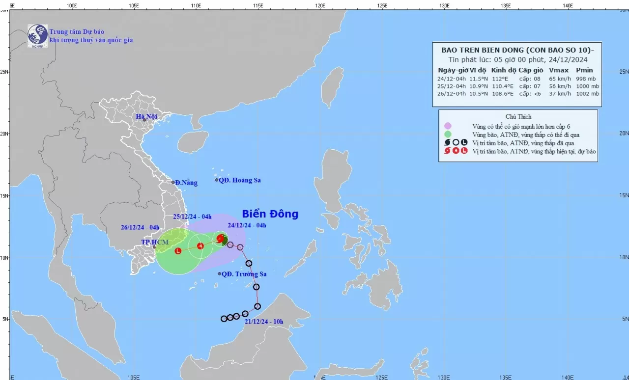 Dự báo diễn biến bão số 10: Sẽ suy yếu dần thành áp thấp nhiệt đới trên vùng biển Khánh Hòa-Bình Thuận, gió cấp 6, sóng cao 3-6m