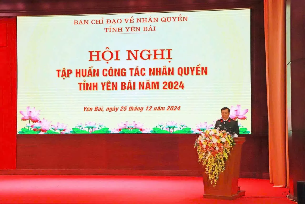 Đại tá Đinh Xuân Thiệp, Phó Trưởng BCĐNQ, Phó Giám Đốc Công an tỉnh Yên Bái phát biểu tại Hội nghị. (Nguồn: BTC)