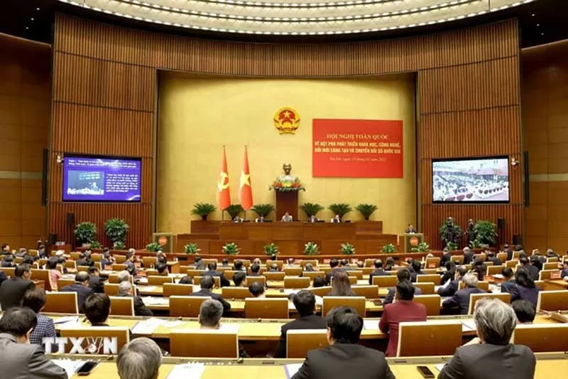 Hội nghị toàn quốc về đột phá phát triển khoa học, công nghệ, đổi mới sáng tạo và chuyển đổi số quốc gia tại điểm cầu Hội trường Diên Hồng - Nhà Quốc hội. (Nguồn: TTXVN)