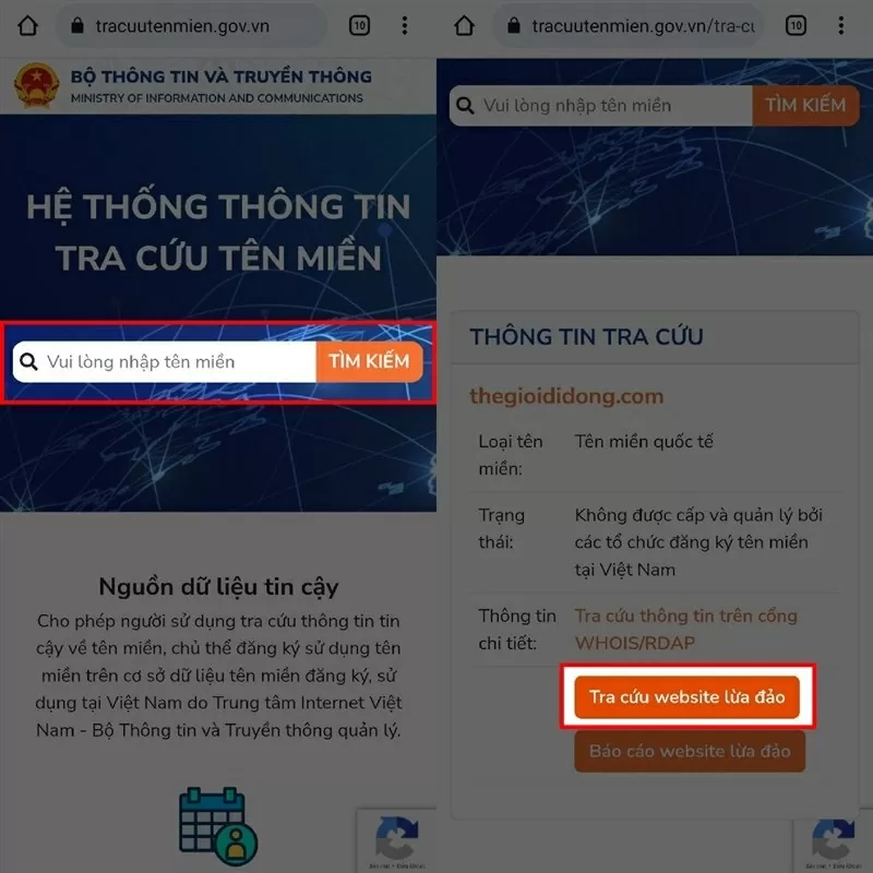 Chọn Tra cứu website lừa đảo