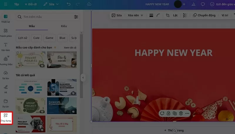 Mở thiết kế lên và chọn vào mục Ứng dụng