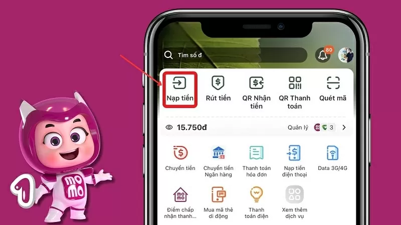 Nhấn vào mục Nạp tiền