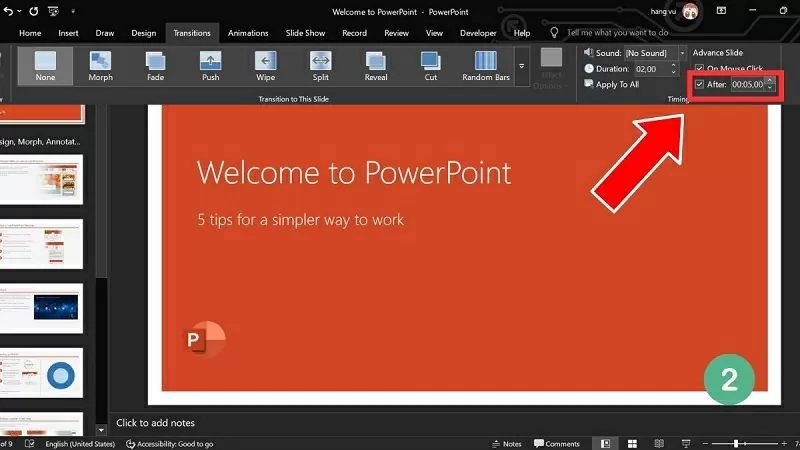 Đánh dấu tích vào ô After và điều chỉnh thời gian hiển thị cho từng slide