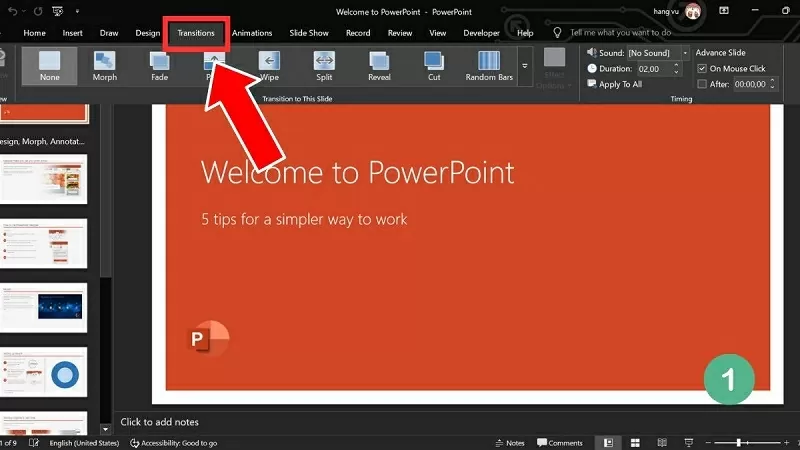 Nhấn chọn Transitions và chọn hiệu ứng chuyển đổi phù hợp
