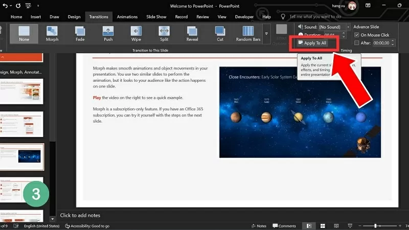 Nhấn vào Apply to All để áp dụng cho toàn bộ bài thuyết trình