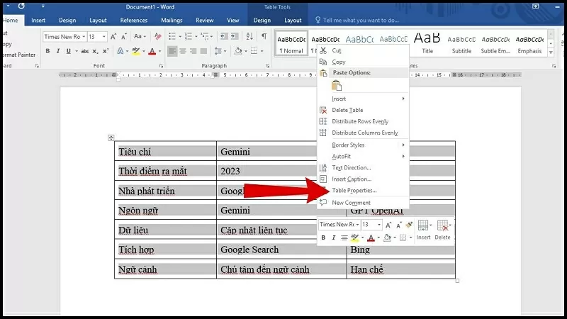 Chọn vào Table Properties