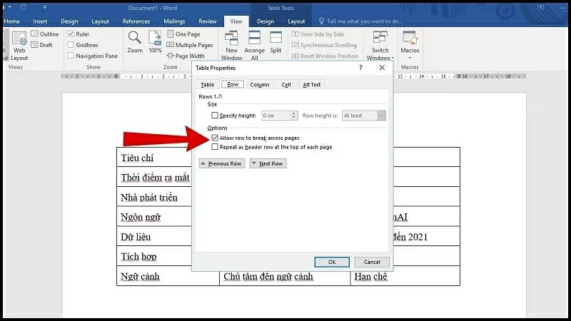 Đánh dấu tích vào mục Allow row to break across pages