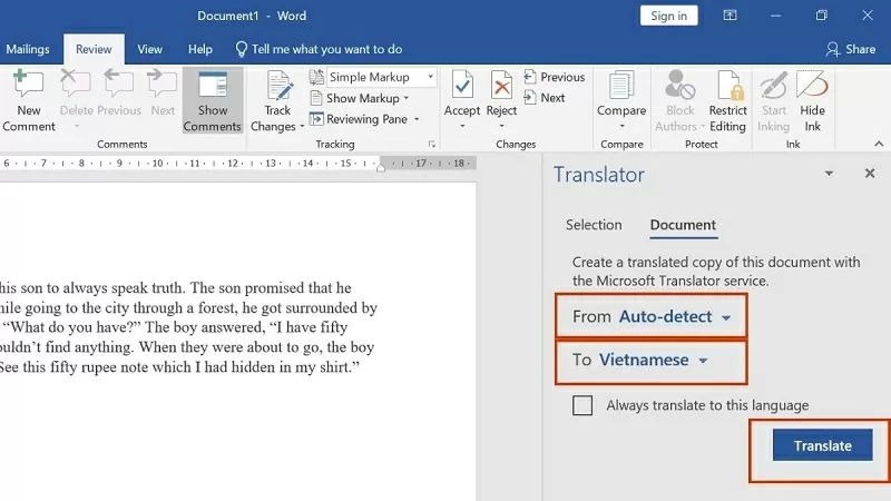 Chọn ngôn ngữ đích là Vietnamese và nhấn Translate