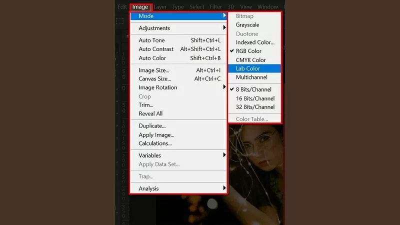 Nhấn vào Image → Mode → Lab Color